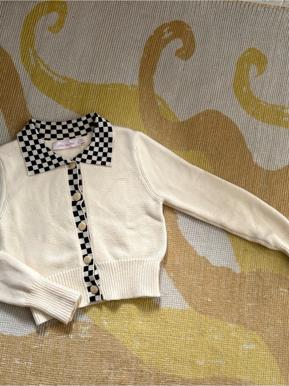 Lisa Says Gah! Soft, Punk, Cream Cardigan with Black-and-Cream Checker Trim